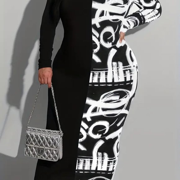 Plus Size Elegant Dress, Women's Plus Color block Graffiti Print Off Shoulder - Picture 3 of 5